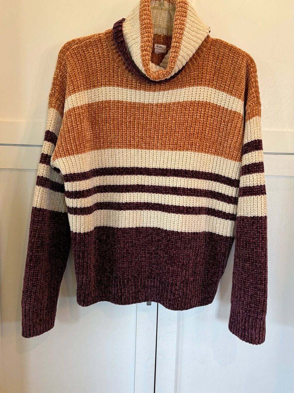 Roxy Turtleneck Striped Knit Sweater in Tan, Cream & Plum M